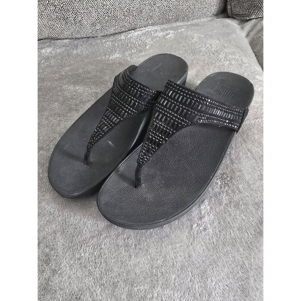 FitFlop Incastone Black Bling Thong Sandals Women's Size 10 Comfort Casual